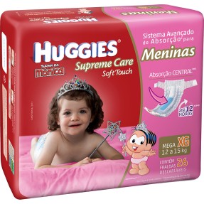 Fralda Huggies Turma da Mônica Supreme Care Soft Touch Menina Tamanho XG Mega 26 Unidades Peso Indicado 12 - 15kg