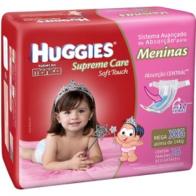 Fralda Huggies Turma da Mônica Supreme Care Soft Touch Menina Tamanho XXG Mega 26 Unidades Peso Indicado +14kg