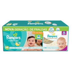 Fralda Pampers Confort Sec e Nova Premium Care Tamanho M 96 Unidades Peso Indicado 6 - 9,5kg