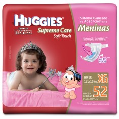Fralda Huggies Turma da Mônica Supreme Care Soft Touch Menina Tamanho XG Hiper 52 Unidades Peso Indicado 12 - 15kg