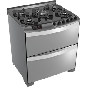 Fogão de Piso Brastemp Ative Top Glass 5 Bocas Acendimento Superautomático Acabamento Inox Grill com Forno Duplo BF475AR